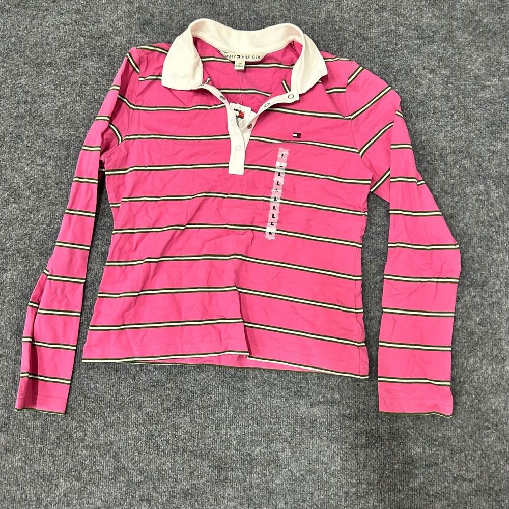 Tommy Hilfiger Polo Womens Size L Pink Striped Long Sleeve Cotton Stretch NWT
